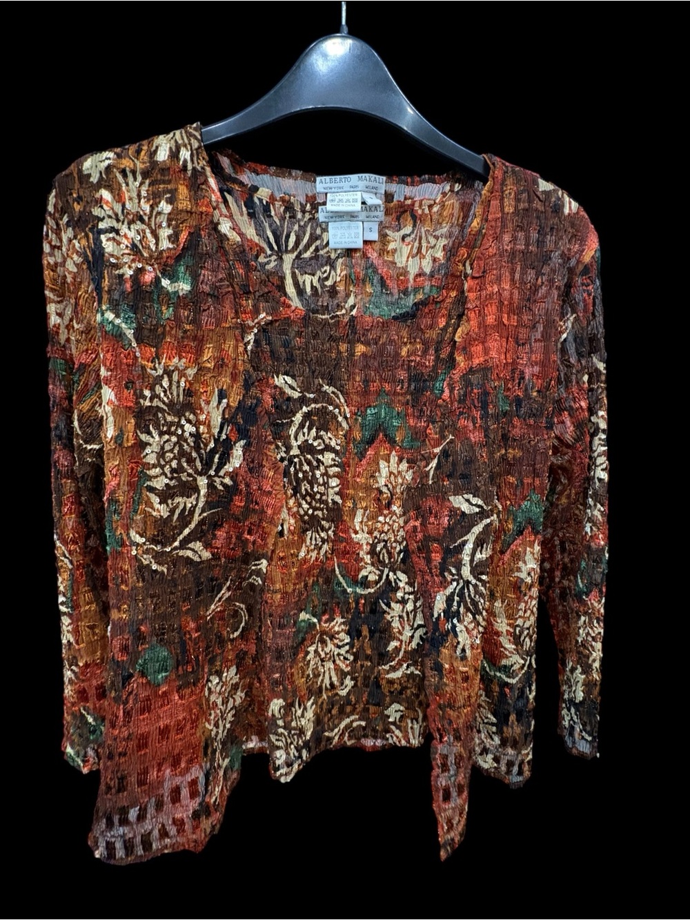 Alberto Makali Rust Brown Floral Sequin Crinkle Blouse Y2K Size S